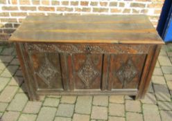 Late 17th century oak coffer on stile legs L 120 cm D 56 cm H 67 cm