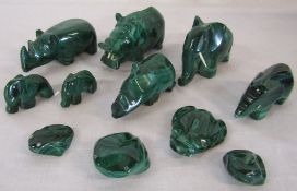 11 Malachite animal figures inc frogs,