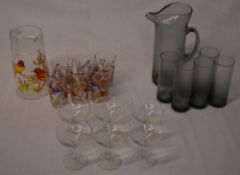 2 sets of glass water jugs with 6 glasses and 6 vintage sparkling wine glasses
