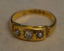 18ct gold gypsy set diamond and seed pearl ring, total approx weight 2.