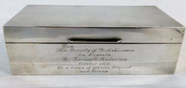 Silver cigarette box with inscription 'From The Society of Yorkshiremen in Lincoln to Leonard