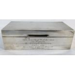 Silver cigarette box with inscription 'From The Society of Yorkshiremen in Lincoln to Leonard