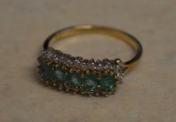 Modern 9ct gold emerald and diamond ring in an older style setting, total approx weight 2.
