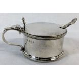 Silver mustard pot with blue glass liner (London 1935) & silver spoon (Sheffield 1902).