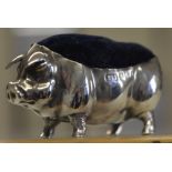 Edwardian novelty silver pin cushion in the shape of a pig, Birmingham 1910, total approx weight 0.