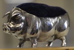 Edwardian novelty silver pin cushion in the shape of a pig, Birmingham 1910, total approx weight 0.