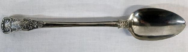 Large silver basting spoon in Queens pattern (small hole drilled to tip) 7.7 ozt L 34.