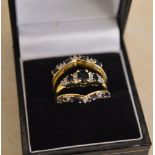 Modern 9ct gold diamond and sapphire matching trio set of stacking rings, total approx weight 5.