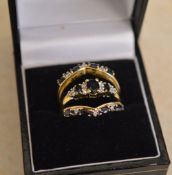 Modern 9ct gold diamond and sapphire matching trio set of stacking rings, total approx weight 5.