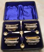 4 piece silver salts with spoons, near matched set, no liners, Birmingham & Chester 1899,