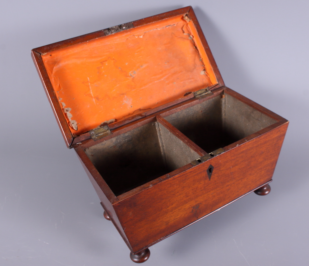 A 19th century mahogany sarcophagus two-division tea caddy, on squat bun feet, together with a - Image 2 of 2