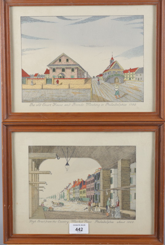 Two hand-coloured prints, early Philadelphia Methodist churches and a number of other colour prints,