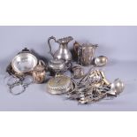 A box of various silver plated items, including ladles, teapots, etc