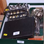 A silver plated toast rack and a selection of plated flatware, various