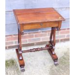 A late Victorian mahogany work table, fitted one drawer, on lyre end supports and scroll feet, 21"