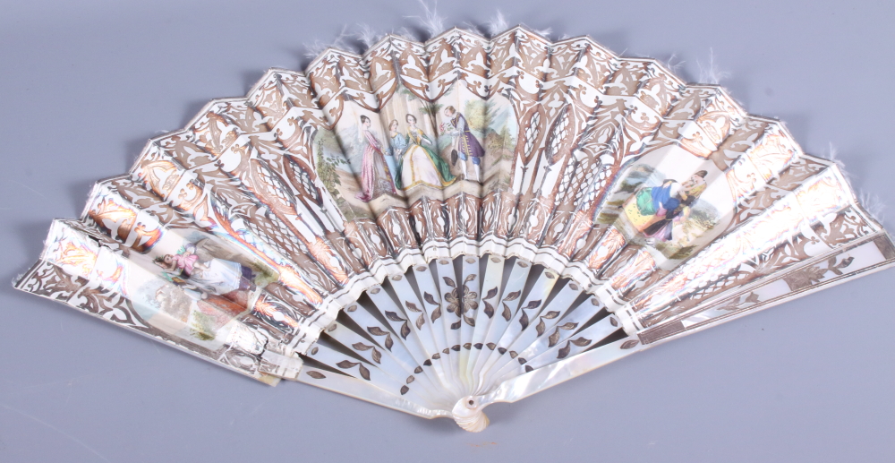 A 19th century hand-painted paper and mother-of-pearl fan, decorated with figures in classical - Image 5 of 8