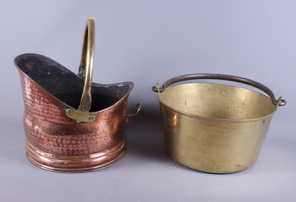 A brass preserve pan and a copper coal scuttle