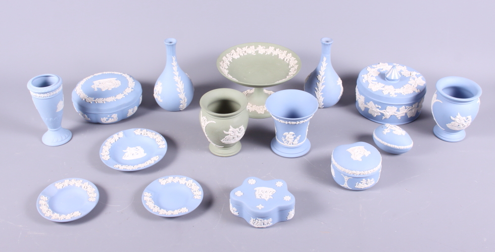 A collection of Wedgwood Jasperware, mainly blue and green