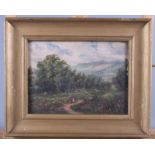A 19th century oil on card, landscape with figures and cattle, 5 1/2" x 7 1/2", in gilt frame