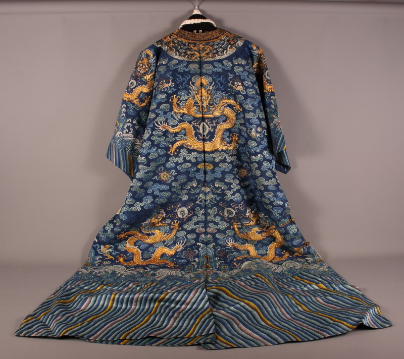 A Mandarin embroidered silk robe with dragons on a blue ground - Image 5 of 10