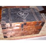 An iron strapwork pine trunk with carrying handles, together with a Georgian mahogany campaign box