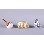 Three Royal Crown Derby porcelain paperweights, Cottage Garden Kitten, Duck and Long Tailed Tit,