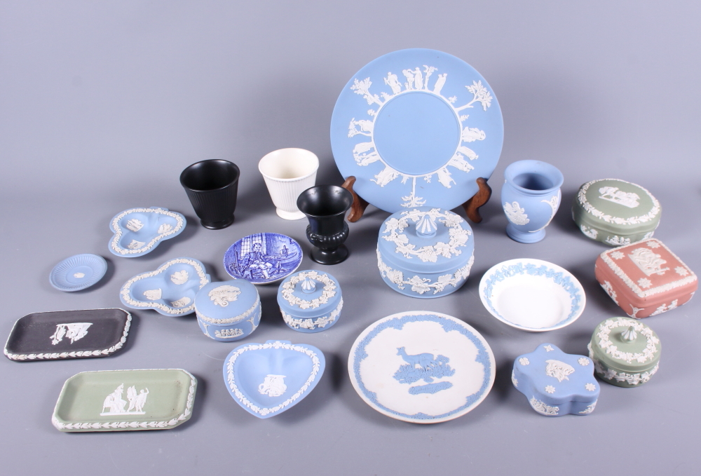 A collection of Wedgwood Jasperware in blue, green and pink, together with some Wedgwood Black