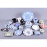 A collection of Wedgwood Jasperware in blue, green and pink, together with some Wedgwood Black
