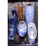 A collection of various Chinese blue and white porcelain, including a pair of figure bookends,