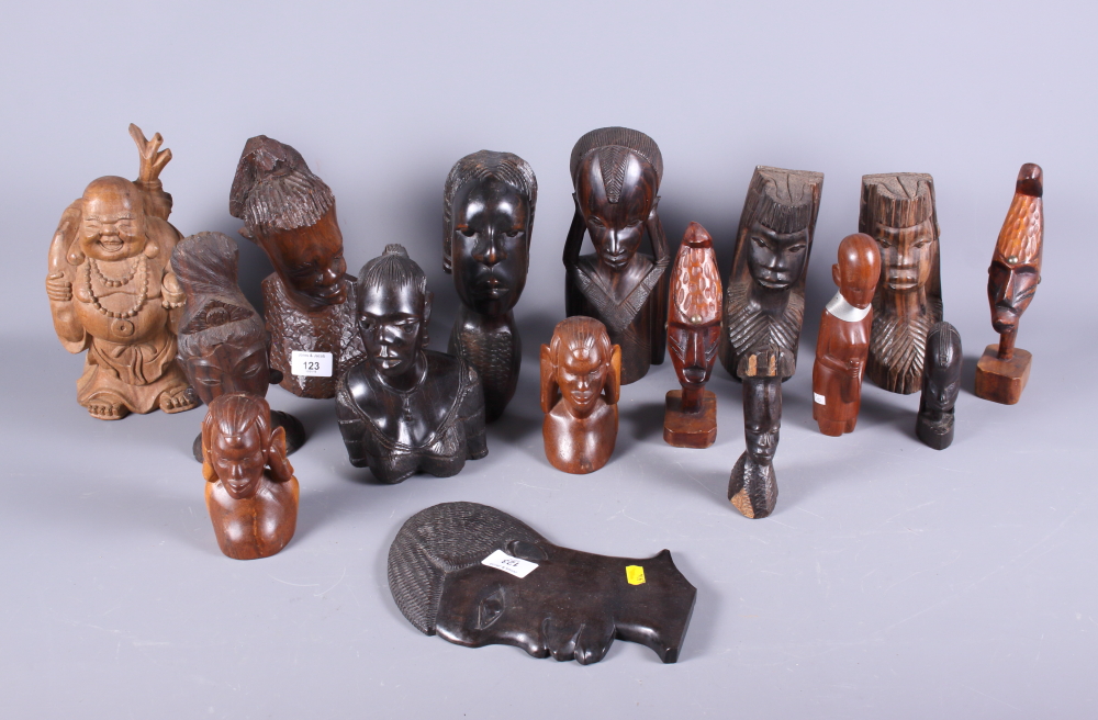 A collection of various ebony and other hardwood African figures, etc, together with an Eastern