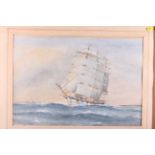 Stuart Austin?: a late 19th century watercolour, three-mast square rigger with steam boat behind, in