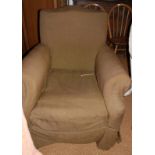 A deep seat arm easy chair with brown linen loose cover, on square taper supports