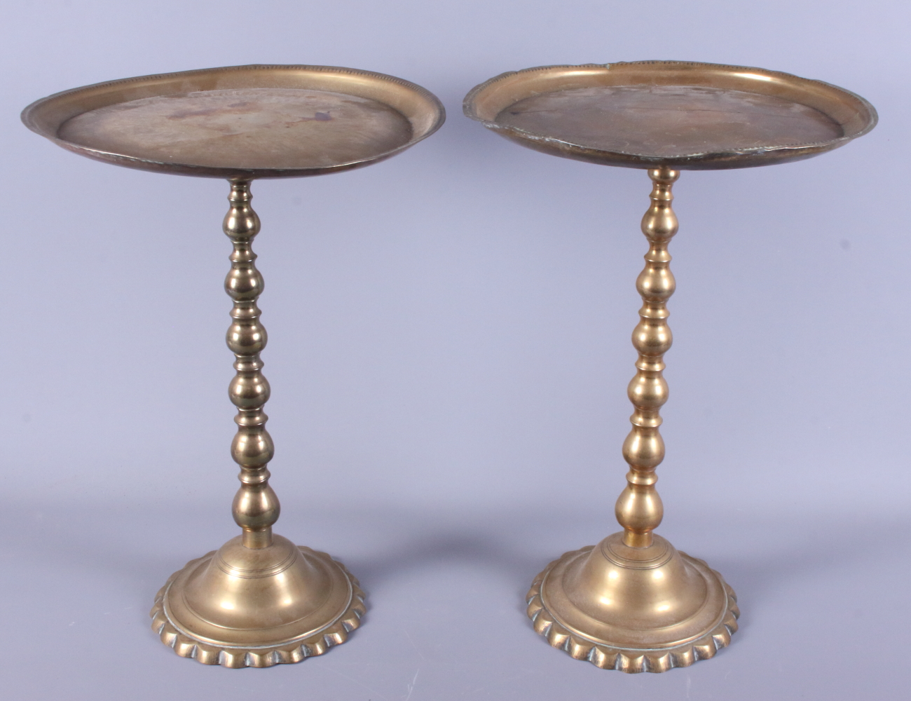 A copper four-gallon flagon, 14" high, and a pair of brass circular tray top miniature tables, 11" - Image 2 of 2