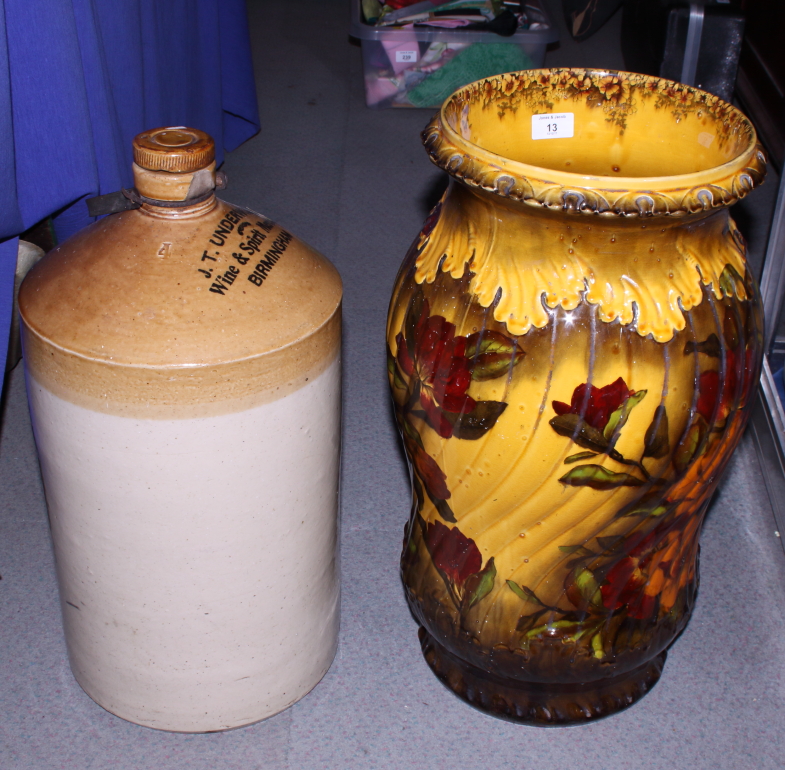 A George Jones & Sons "Madras" ware floor standing vase with ribbed body decorated flowers, 22"