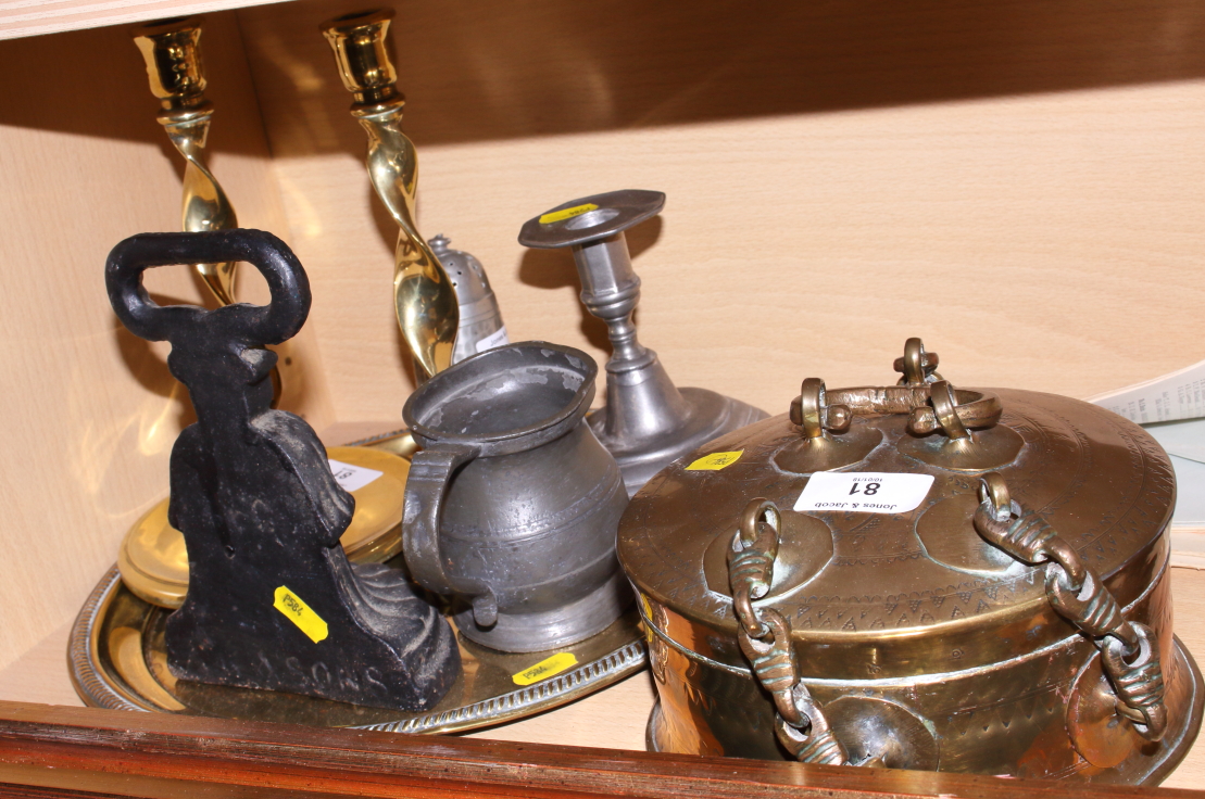 A quantity of various brass and pewter items, including an early 20th century engraved glass