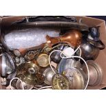 A box of brass and other metalware, including horse brasses, oil lamps, etc