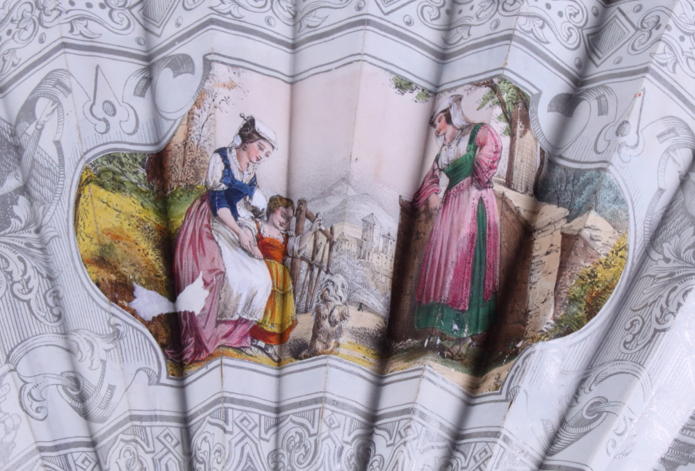 A 19th century hand-painted paper and mother-of-pearl fan, decorated with figures in classical - Image 2 of 8