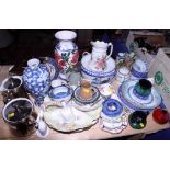 A collection of various decorative ceramics, including plates, vases, bowls, etc