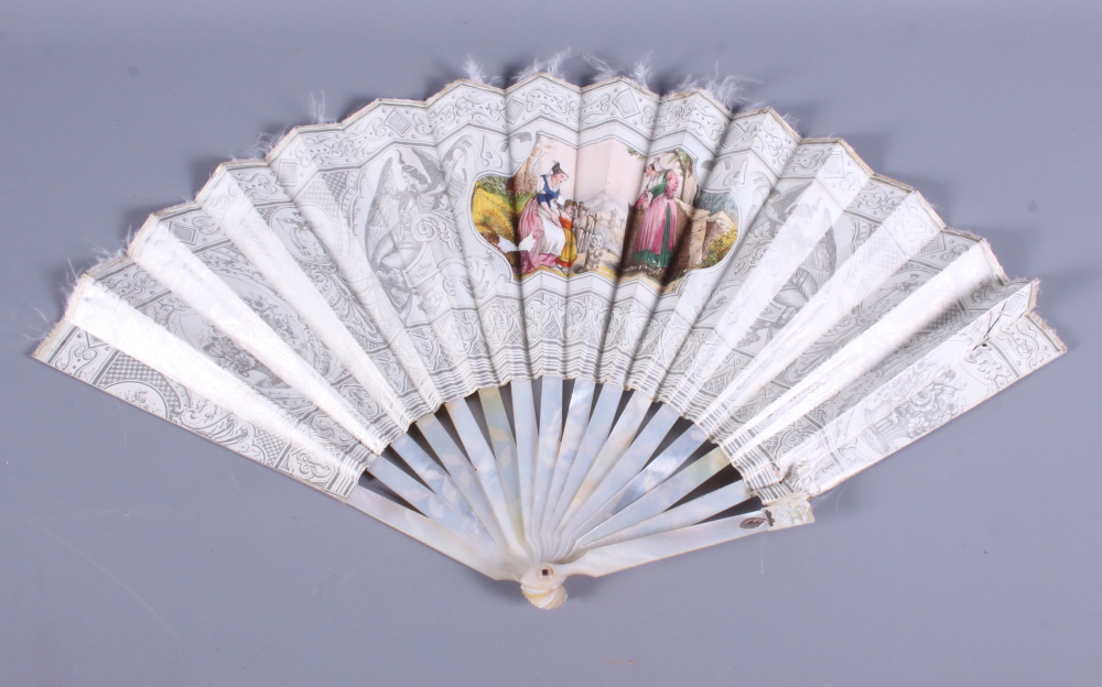 A 19th century hand-painted paper and mother-of-pearl fan, decorated with figures in classical