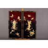 A set of four early 20th century Japanese hanging panels, each decorated with applied mother-of-