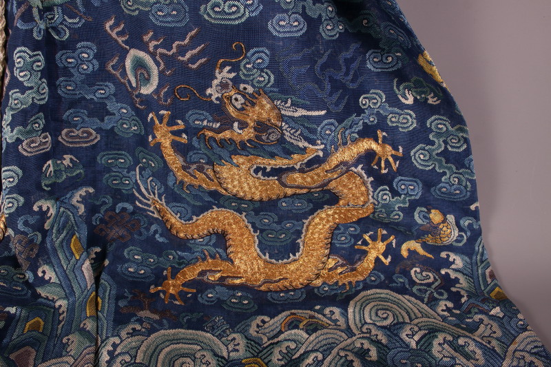 A Mandarin embroidered silk robe with dragons on a blue ground - Image 4 of 10