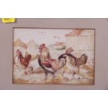 KSM: watercolours and bodycolour, chickens in a farmyard, 4 1/4" x 6 1/4", in strip frame, and a