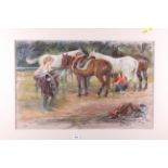 Neil Forster: pastels, "Preparing the Ponies - Cirencester", 27" x 18", in gilt frame