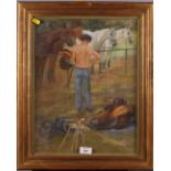 Neil Forster: pastels, "Cleaning the Saddles", 13" x 17", in gilt frame