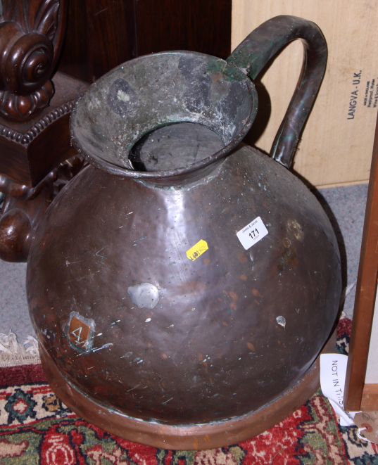 A copper four-gallon flagon, 14" high, and a pair of brass circular tray top miniature tables, 11"