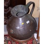 A copper four-gallon flagon, 14" high, and a pair of brass circular tray top miniature tables, 11"