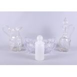 A large cut crystal clear-glass bowl, a matching jug and ewer set and a frosted glass flask with