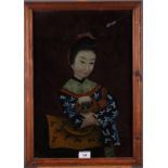 A late 19th century Chinese reverse painted glass picture of a young girl with dog, 19" x 13", in