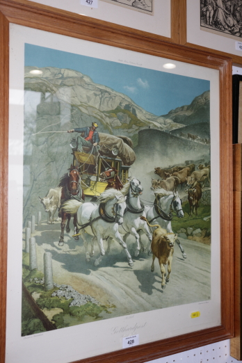 A colour print of the Gotthard Pass, three botanical prints and a number of other pictures