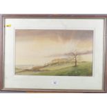 Pamela Bush: watercolours, "Inkpen Hill", 9 3/4" x 16 3/4", in strip frame